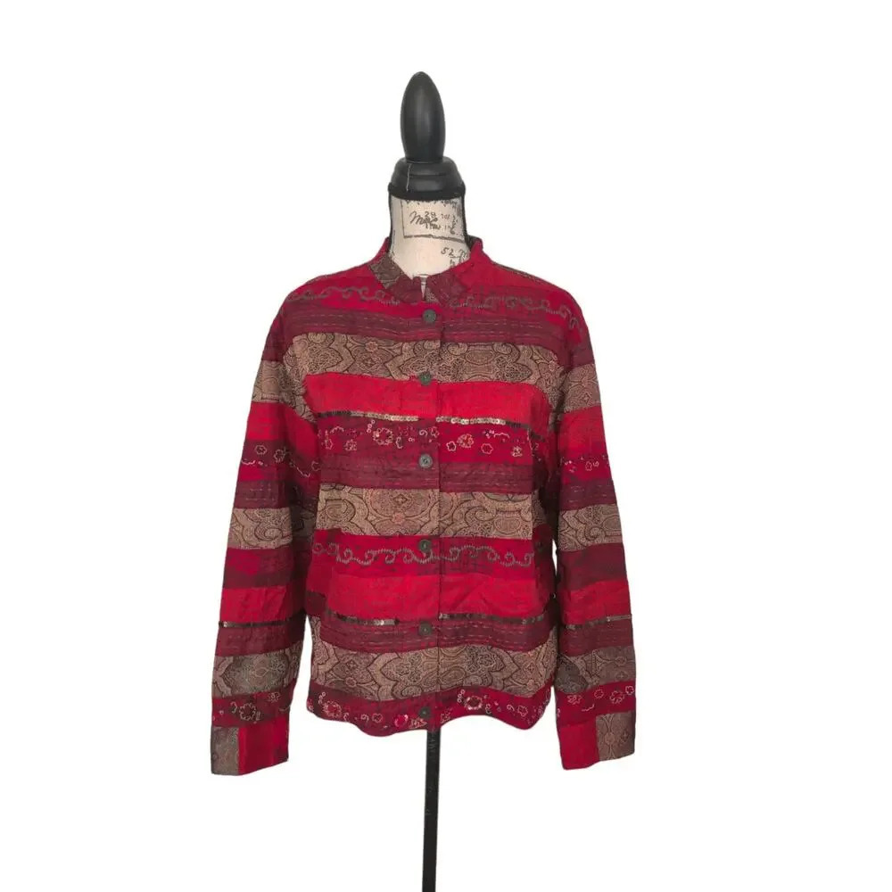 Chico's Red Tapestry Button Up Artsy Rare Embroidered Beaded Jacket Size 2‎ (L)